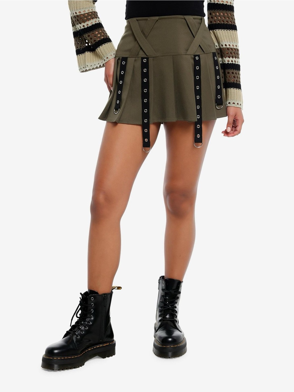 Social Collision Olive Grommet Tape Wide Yoke Skirt goth grunge sexy sz M